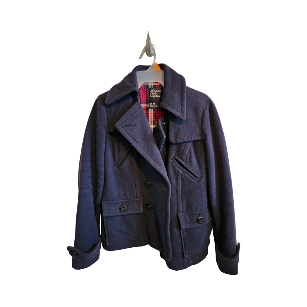 American Eagle AE Wool Blend Peacoat Navy Blue Womens M Quilted Plaid Lining